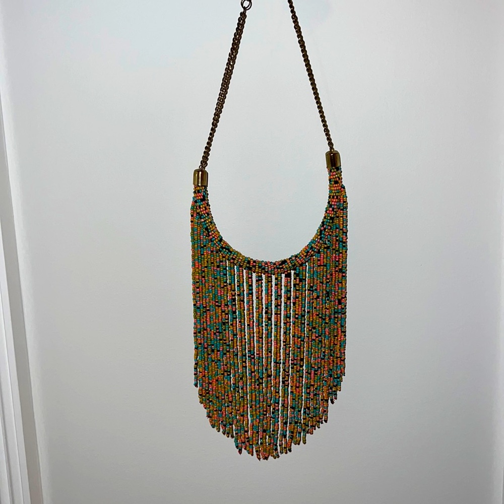 Beaded long bib necklace